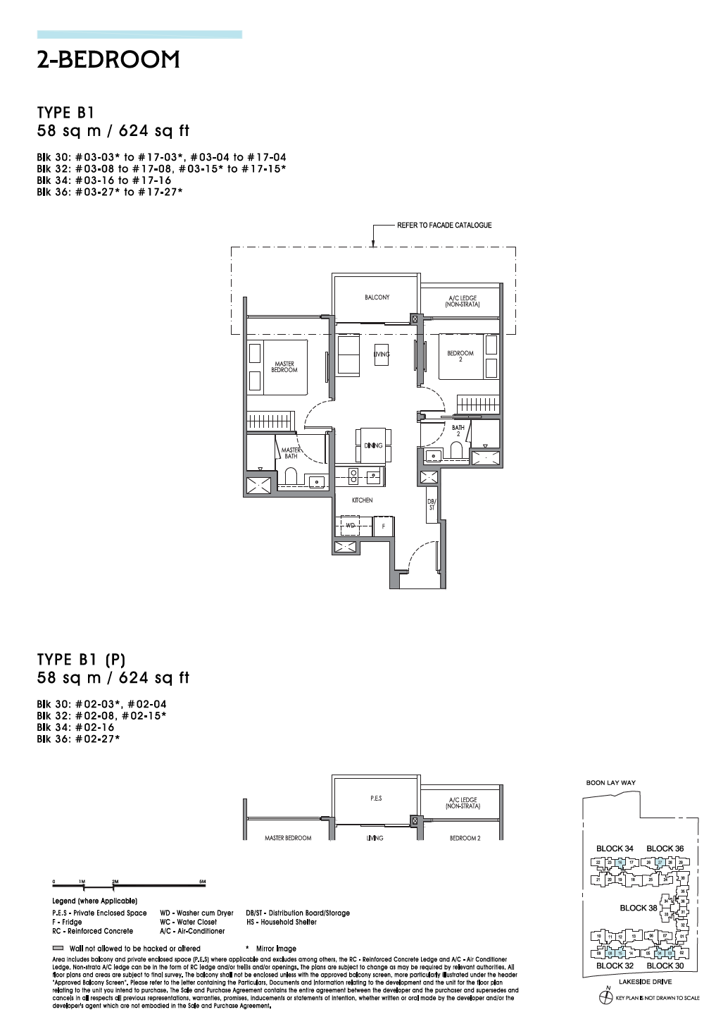 Floor plan, Type B1, 2-bedroom, 58 square metres or 624 square feet
